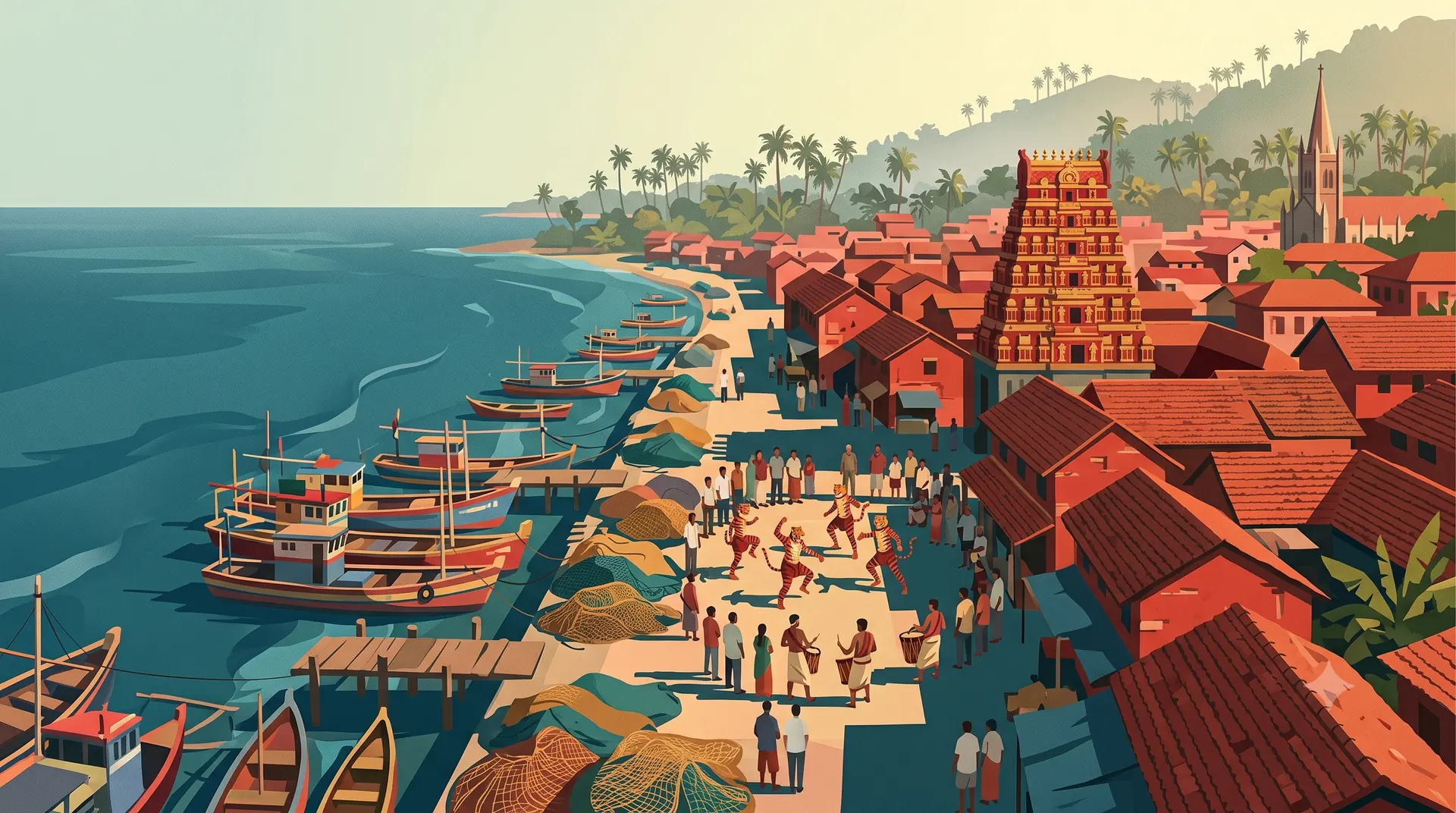 Fishing boats drawn up on the shore below a Tulunadu coastal town, with a temple gopuram, terracotta roofs and Pili Vesha dancers in the square